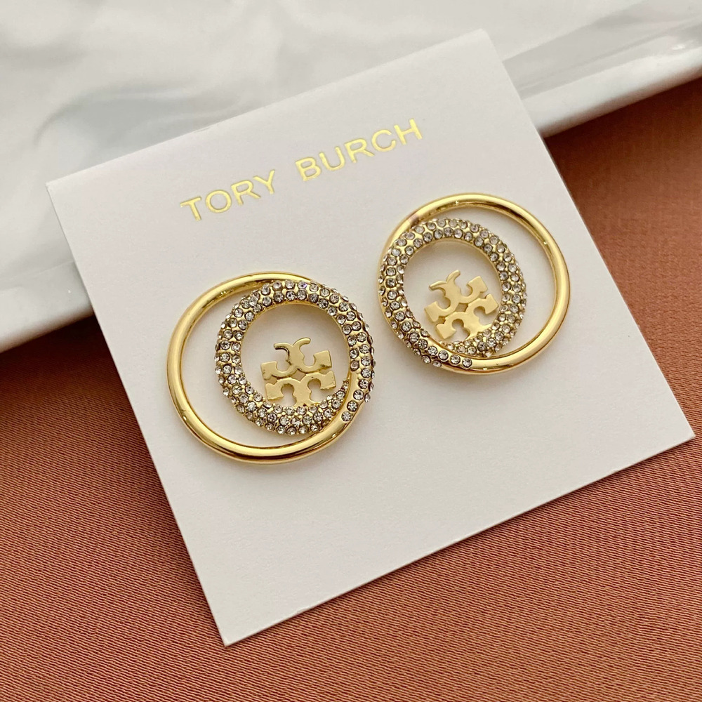 Tory Burch Rhinestone Geometric Circle Metal Stud Earrings